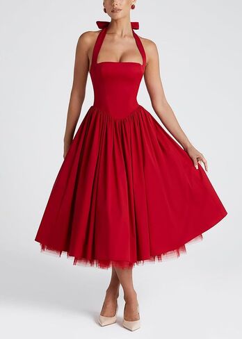 Women Summer Halter Dress Low Cut Sleeveless A Line Tulle Swing Flowy Tea Length Dress Corset Prom Formal Ball Gowns in Kuwait