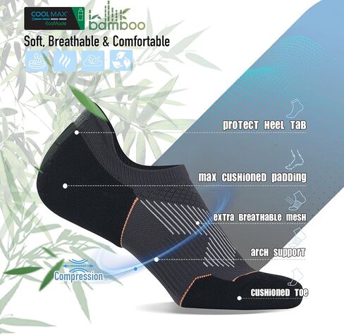 BRISIRA Bamboo Viscose Coolmax Mens No Show Socks Cushioned Moisture Wicking Anti Blister Athletic Low Cut Socks in Kuwait