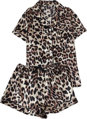 Milumia Women's Causal Leopard Print PJ Set Notch Collar Sleepwear Two Piecess Pajama Sets in Saudi Arabia