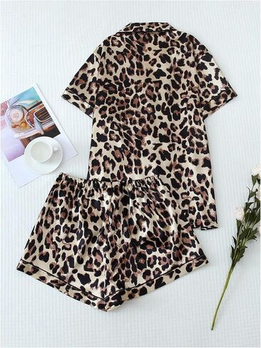 Milumia Women's Causal Leopard Print PJ Set Notch Collar Sleepwear Two Piecess Pajama Sets in Saudi Arabia