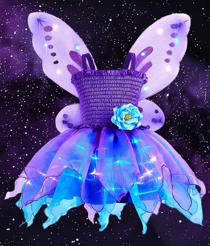 Light Up Princess Fairy Costume for Toddler Girls, Birthday Party Fairy Dress Up with Butterfly Wings, Purple in Kuwait