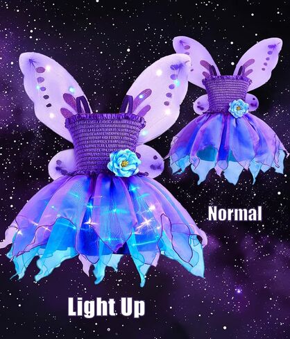 Light Up Princess Fairy Costume for Toddler Girls, Birthday Party Fairy Dress Up with Butterfly Wings, Purple in Kuwait