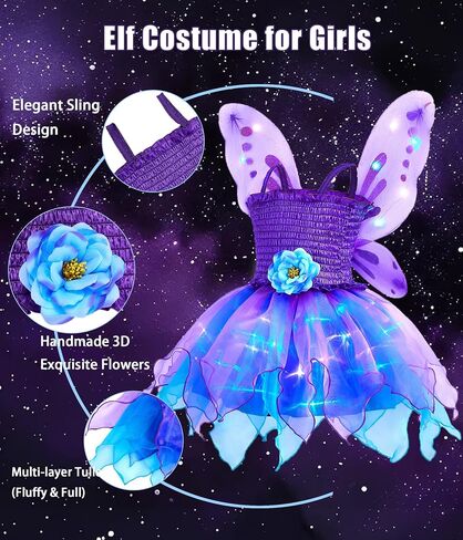 Light Up Princess Fairy Costume for Toddler Girls, Birthday Party Fairy Dress Up with Butterfly Wings, Purple in Kuwait