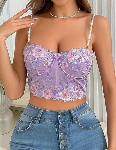 Segreto Women Bustier مطرزة الأزهار boned مشد السباغيتي حزام المحصول أعلى رفي in Kuwait