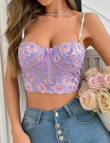 Segreto Women Bustier مطرزة الأزهار boned مشد السباغيتي حزام المحصول أعلى رفي in Kuwait