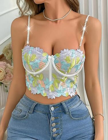 Segreto Women Bustier مطرزة الأزهار boned مشد السباغيتي حزام المحصول أعلى رفي in Kuwait