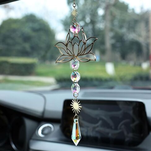 Colorful Crystal car Mirror Hanging Accessories，Car Charm，Rear View Mirror Hanging Decors， Gifts for Women (Lotus Flower) in Saudi Arabia