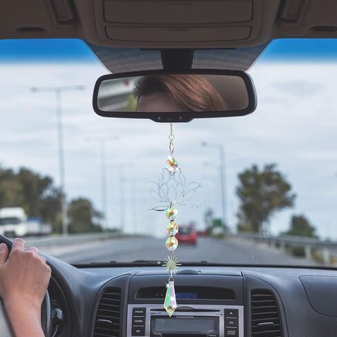 Colorful Crystal car Mirror Hanging Accessories，Car Charm，Rear View Mirror Hanging Decors， Gifts for Women (Lotus Flower) in Saudi Arabia