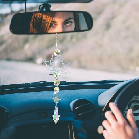 Colorful Crystal car Mirror Hanging Accessories，Car Charm，Rear View Mirror Hanging Decors， Gifts for Women (Lotus Flower) in Saudi Arabia