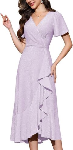 Women Sparkle Formal Wedding Guest Dress V Neck Wrap Glitter Ruffle Short Sleeve Prom Evening Party Midi Dresses in Saudi Arabia