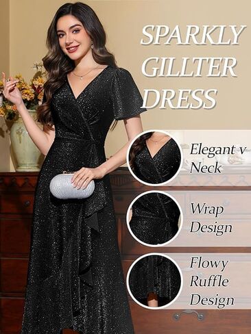 Women Sparkle Formal Wedding Guest Dress V Neck Wrap Glitter Ruffle Short Sleeve Prom Evening Party Midi Dresses in Saudi Arabia