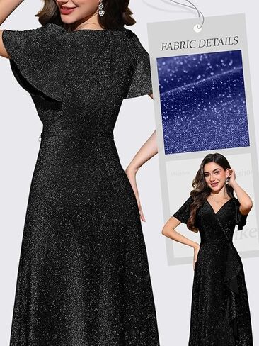 Women Sparkle Formal Wedding Guest Dress V Neck Wrap Glitter Ruffle Short Sleeve Prom Evening Party Midi Dresses in Saudi Arabia