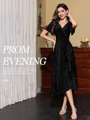 Women Sparkle Formal Wedding Guest Dress V Neck Wrap Glitter Ruffle Short Sleeve Prom Evening Party Midi Dresses in Saudi Arabia