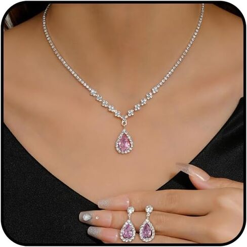 Cubic Zirconia Jewelry Set Sparkling Rhinestone Waterdrop Pendant Necklace Dangle Earrings Aesthetic Jewelry Set for Women Bridal Bridesmaid in Saudi Arabia