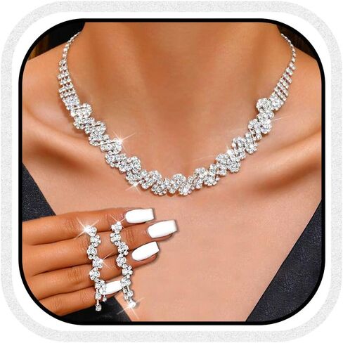 UniCra Rhinestone الزفاف الزفاف المجوهرات مجموعة الفضة القلادة أقراط خاتم مجموعات الحفلات الموسيقية الرسمية مجموعات المجوهرات للنساء والعرائس in Saudi Arabia