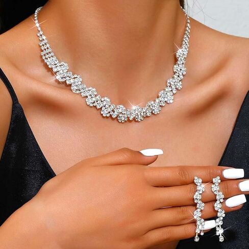 UniCra Rhinestone الزفاف الزفاف المجوهرات مجموعة الفضة القلادة أقراط خاتم مجموعات الحفلات الموسيقية الرسمية مجموعات المجوهرات للنساء والعرائس in Saudi Arabia