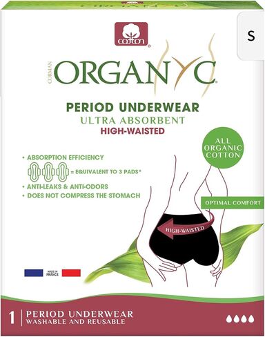 Organyc Organic Cotton Reusable Period Underwear, High Waist Panty, Ultra-Absorbent, Black, XS in Kuwait