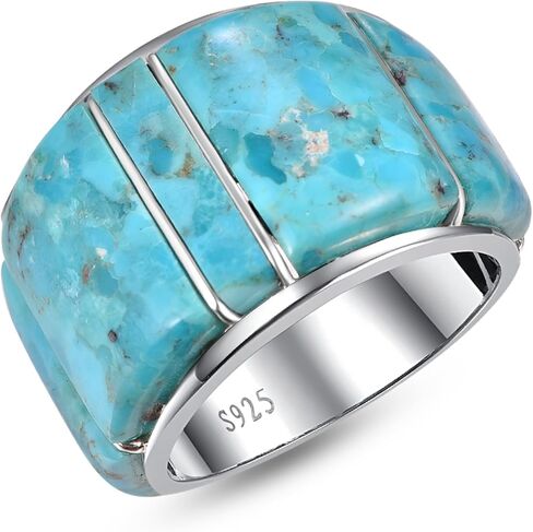 Wide Turquoise Ring for Women - 925 Sterling Silver Turquoise Statement Rings Gemstones Wide Band Ring Size 6-10 in Kuwait