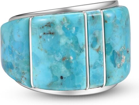 Wide Turquoise Ring for Women - 925 Sterling Silver Turquoise Statement Rings Gemstones Wide Band Ring Size 6-10 in Kuwait