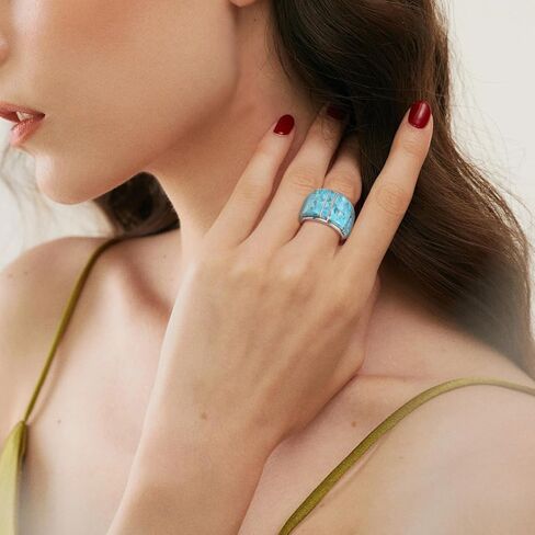 Wide Turquoise Ring for Women - 925 Sterling Silver Turquoise Statement Rings Gemstones Wide Band Ring Size 6-10 in Kuwait