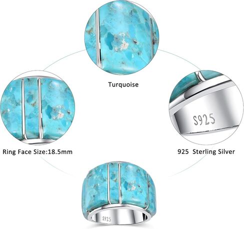 Wide Turquoise Ring for Women - 925 Sterling Silver Turquoise Statement Rings Gemstones Wide Band Ring Size 6-10 in Kuwait