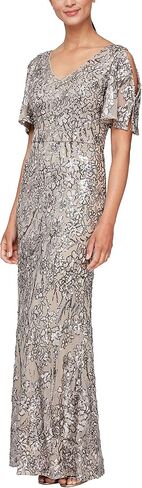 Alex Evenings Women's Long Mother of The Bride Sequin Dress with Cold Shoulder Flutter Sleeves (Petite and Regular Sizes) in Saudi Arabia