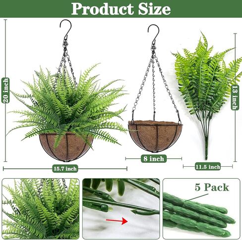 TURNMEON Fake Hanging Plants Flowers Baskets for Outdoor Decoration, 5 Bundles Artificial Faux Boston Ferns in Hang Planter Realistic UV Resistant for Porch Home Patio Gardens Balcony Yard Outside in Saudi Arabia
