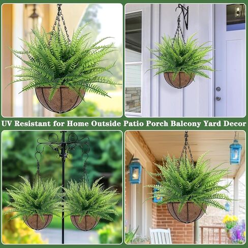 TURNMEON Fake Hanging Plants Flowers Baskets for Outdoor Decoration, 5 Bundles Artificial Faux Boston Ferns in Hang Planter Realistic UV Resistant for Porch Home Patio Gardens Balcony Yard Outside in Saudi Arabia