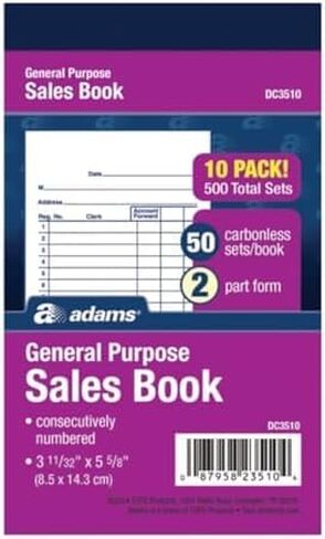 Adams General Purpose Sales Book, 2-Part, Carbonless, White/Canary, 3-11/32 x 5-5/8, 50 Sets per Book, 10 Pack (DC3510) in Kuwait