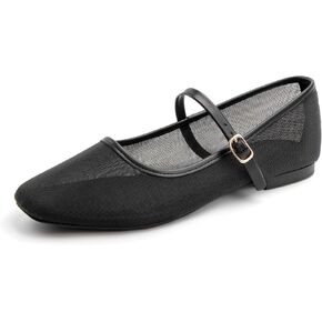 Mesh Ballet Flats Square Toe Mary Jane Flats Buckle Women Comfy Causal Dress Shoes