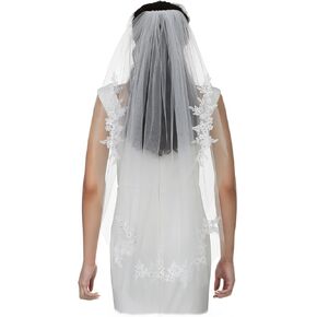 SAMKY Light Ivory Bridal Wedding Veil with Rhinestone Crystal Embroidered Lace Motifs - Fingertip Length 36"