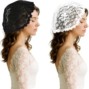 2 Pcs Veils for Church, Lace Embroidery Head Coverings for Women, Short Veil, Embroidery Head Covering, Flowers Lace Chapel Cap, Circle Round Floral Laces Mantilla White