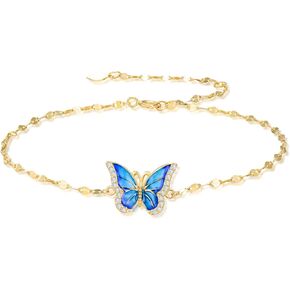 SISGEM 14k Gold Blue Butterfly Bracelet for Women, 14 Karat Gold Lip Chain Wrist Jewelry Gifts for Her, 6.8-8.4 Inches