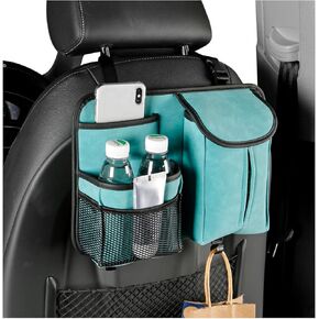 Car Back Seat Organizer, Multi Pockets Leather Auto Seat Hanging Bag with Tissue Box & Hooks, Durable Backseat Suede Storage Box Pocket for Most Vehicles, Car Accessories (Black)