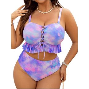 Soly Hux Women's Plus Tie Dye Swimesuits Lace Up Shulk Tankini وضع بدلات استحمام عالية الخصر