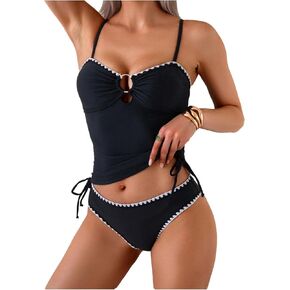 Floerns Women's Tankini Swimsuits Contrast Binding Cut Out Drawstring 2 Piece Beachwear