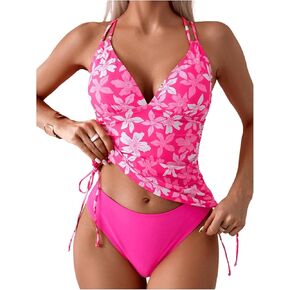 GORGLITTER Women's Floral Print Tankini Swimsuits Bow Tie High Waisted Bathing Suit Summer Beach Vacation Swim Wear