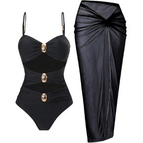 WDIRARA Women's 2 Piece Swimsuit Metal Cut Out Bathing Suit with Cover Up Skirts