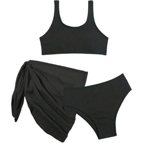 SHENHE Girl's 3 Piece Swimsuit Scoop Neck High Waisted Bikini Set with Cover Up Wrap Skirt