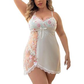 Women's Plus Size Mesh Embroidery Lace Slit Sheer Satin Babydoll Dress Cut Out Lingerie Dress with Thongs White 3XL