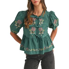 Womens Short Puff Sleeve Floral Embroidery Poplin Front Self Tie Detail Peplum Top Blouse