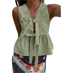 Wdirara Women's Bow Tie Blouse V Front Vrick Deckless Sirmetess Shirt Eyelet Emtroproidery Peplum Tops