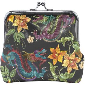 Asian Dragon Beautiful Golden Flowers Coin Purse Retro Money Pouch with Kiss-lock Buckle Wallet Bag for Women