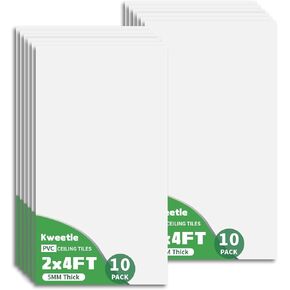 Kweetle Smooth White Drop Ceiling Tiles, PVC Ceiling Panels Waterproof, Washable, Ceiling Tile Fire-Rated to Prevent Breakage, for Basement, Kitchen, Bathroom, Office (White, 2x4ft, Ceiling Tiles)