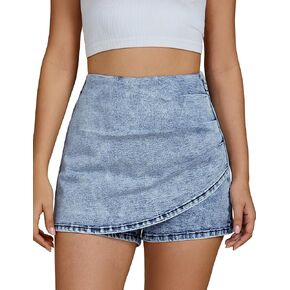 luvamia Jean Skorts for Woman High Waisted Pull On Trendy Casual Stretch Denim Skirt with Shorts Asymmetrical Wrap Skort