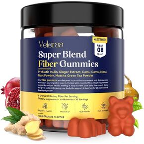 Super Blend Fiber Gummies for Adults – 8g Prebiotic Fiber Gummies, Supports Digestive Health, Bloating Relief & Wellness, Infused with Ginger, Camu Camu & Matcha, Strawberry Flavor – 60 Count