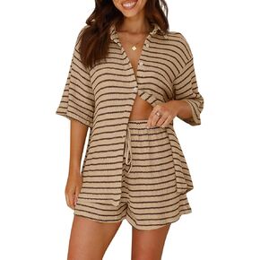 Tankaneo Womens Striped 2 قطعة مجموعات الأكمام قصيرة زر أسفل القميص والقصيرة وافل متماسكة صالة Pajama مجموعة الملابس الصيفية
