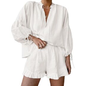 Womens Ruffle Pajama Sets 2 Piece Long Sleeve Button Down Shirt and Shorts Set Cozy Cotton Lounge Set