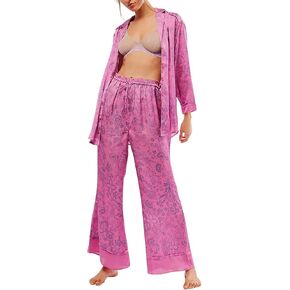 Women Satin Pajamas Set 2 Piece Western Cowgirl Silk Pjs Long Sleeve Floral Pjs Wide Leg Pants Button Down Loungewear