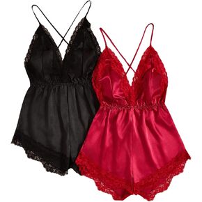 SOLY HUX Women's 2 Piece Romper Silk Satin Lace Trim Backless Cami Short Romper Sleepwear